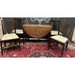 A George III mahogany drop leaf table, together with four 19th century mahogany dining chairs.