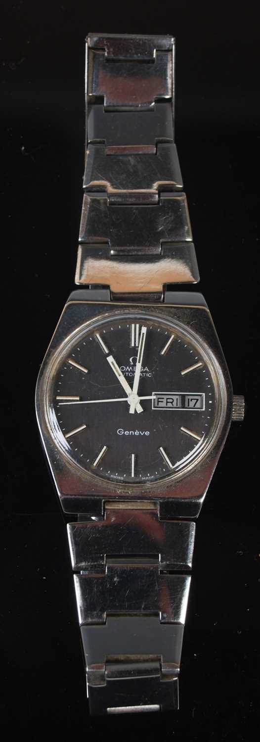 A vintage Gentleman’s Omega automatic day date stainless steel bracelet watch, the dial with baton