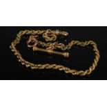 A late 19th century yellow metal rope twist watch chain with T bar suspension, the clasp stamped 15,