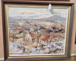 May Hutchison Fife village scene with cottages beyond a stone dyke oil on board, signed lower left