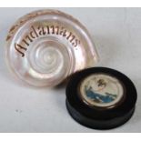 A 19th century circular snuff box and cover, the cover enclosing a printed portrait medallion, 8cm