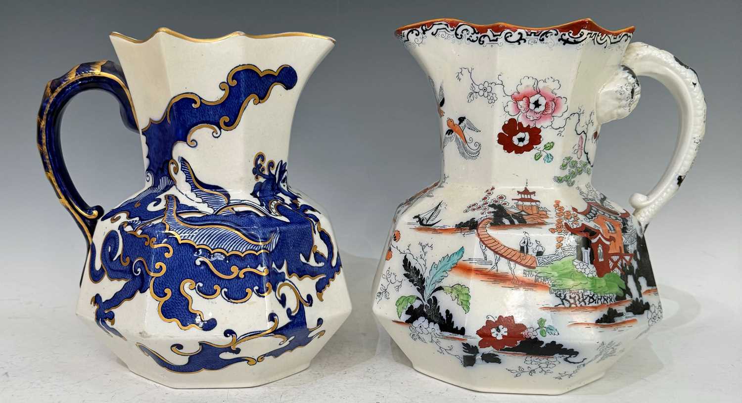 Two antique Masons ironstone china hydra jugs / pitchers, the first in the 'Pagoda' pattern,