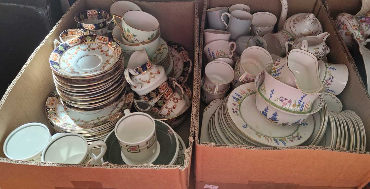 Two boxes of assorted tea wares to include examples by Wedgwood, Royal Worcester, Savoy etc.