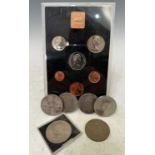 A collection of assorted coinage to include a Royal Mint 1971 six coin specimen set, an 1889