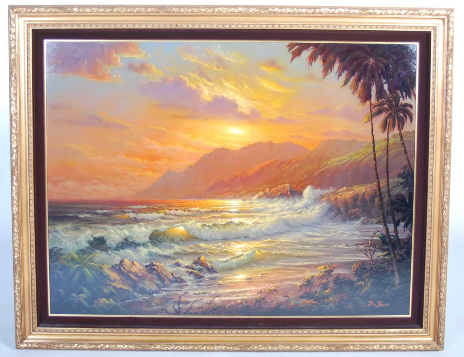 William Deshazo (American, 20th century) Sunset with breaking waves oil on board, signed lower right - Bild 2 aus 5