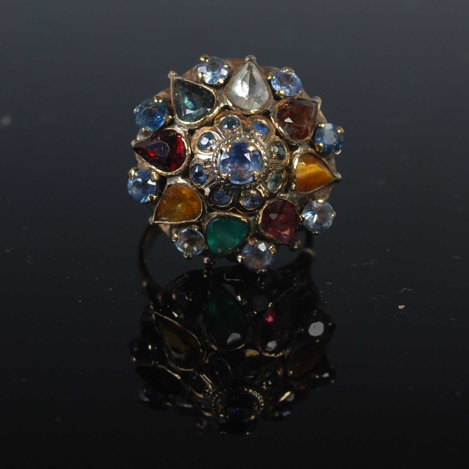 A 9CT gold and coloured semi-precious gem set cocktail ring, ring size L, gross weight 5.3 grams.