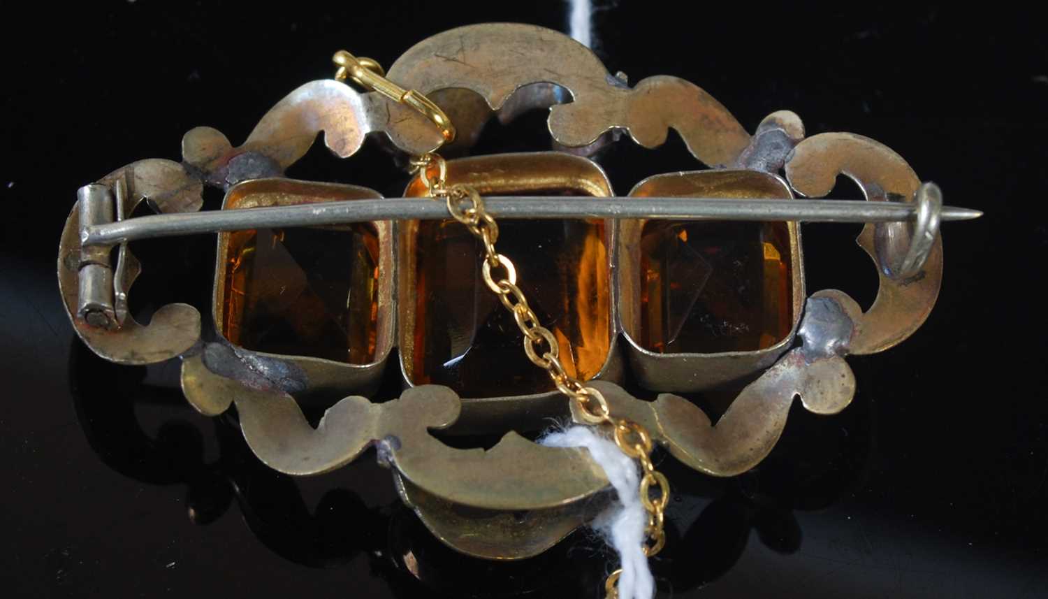 A late 19th century yellow metal three stone citrine coloured brooch, gross weight 10 grams. - Image 2 of 2