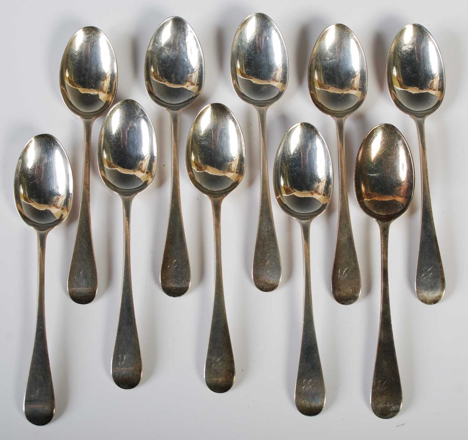 A set of ten Victorian silver teaspoons, Glasgow 1871, old English pattern, engraved with