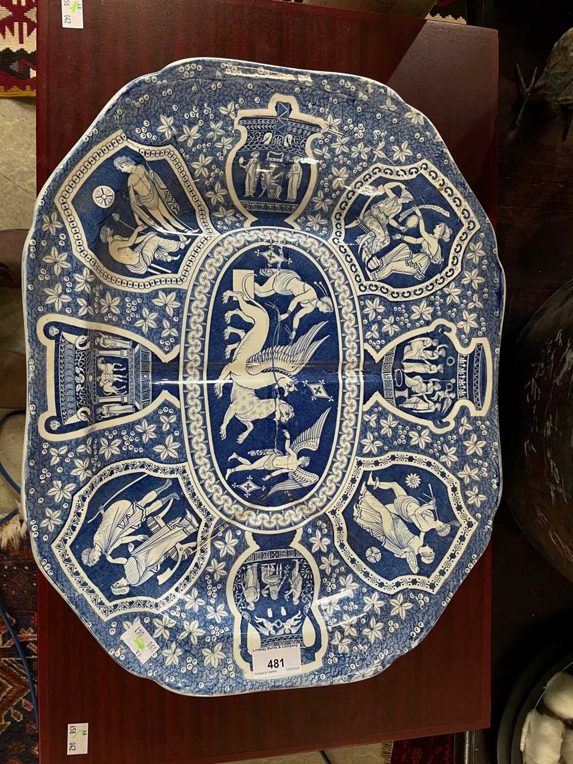 A 19th century Spode Greek pattern blue and white transfer printed Well & Tree type ashet, impressed