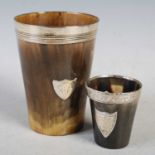 Two silver mounted horn beakers, one 12cm high the other 6.5cm high.