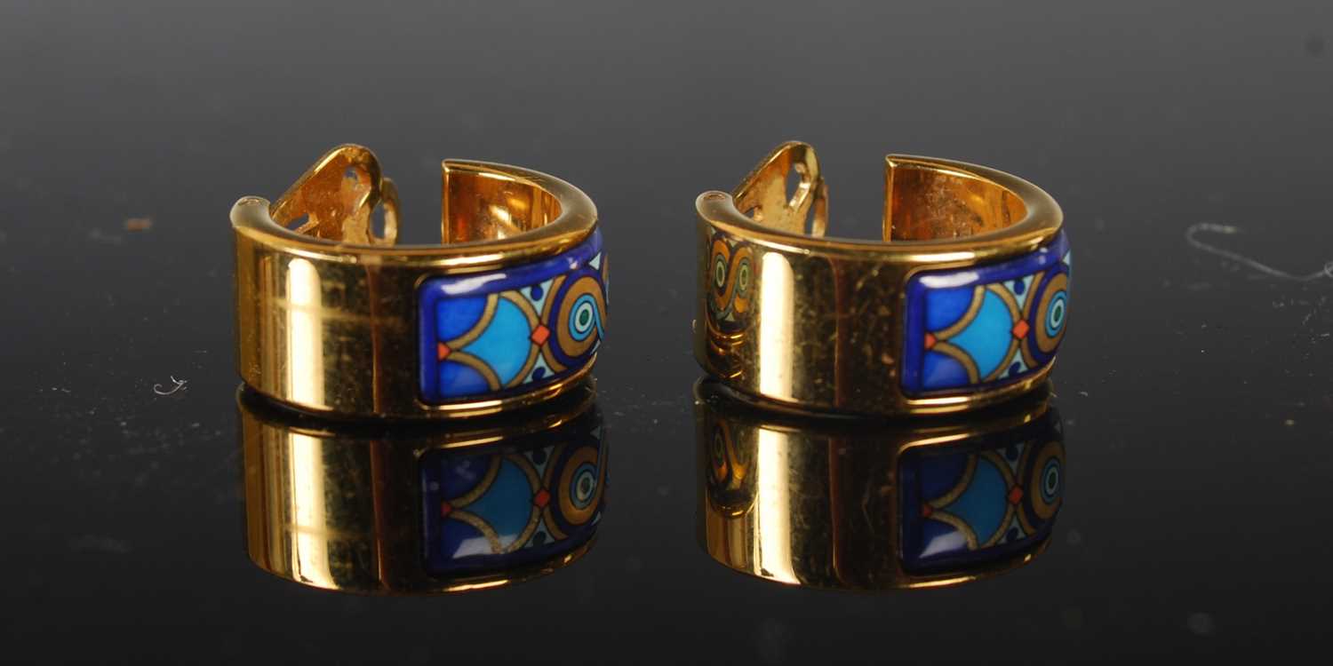 A pair of yellow metal and enamel decorated clip earrings by Michaela Frey, Wien, gross weight 11. - Image 2 of 3