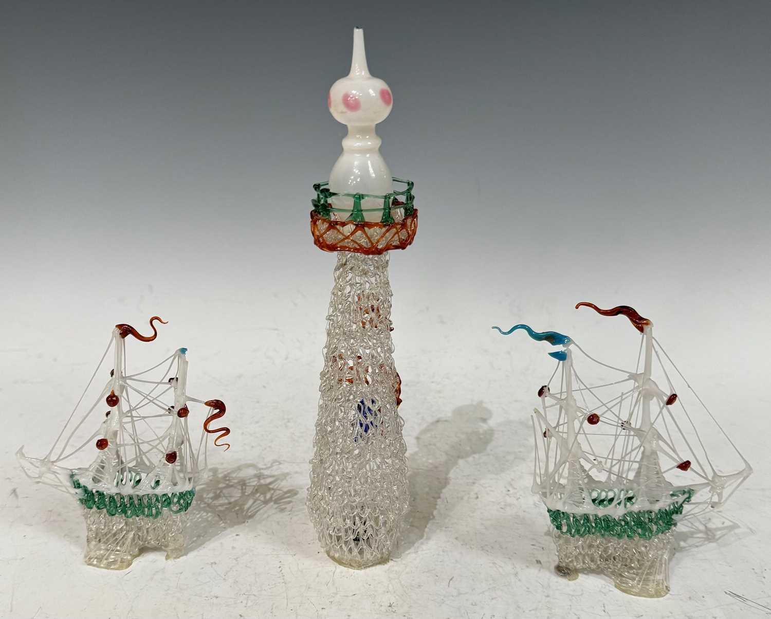 An antique spun glass frigger, in the form of a three masted sailing ship with figures climbing - Image 4 of 4