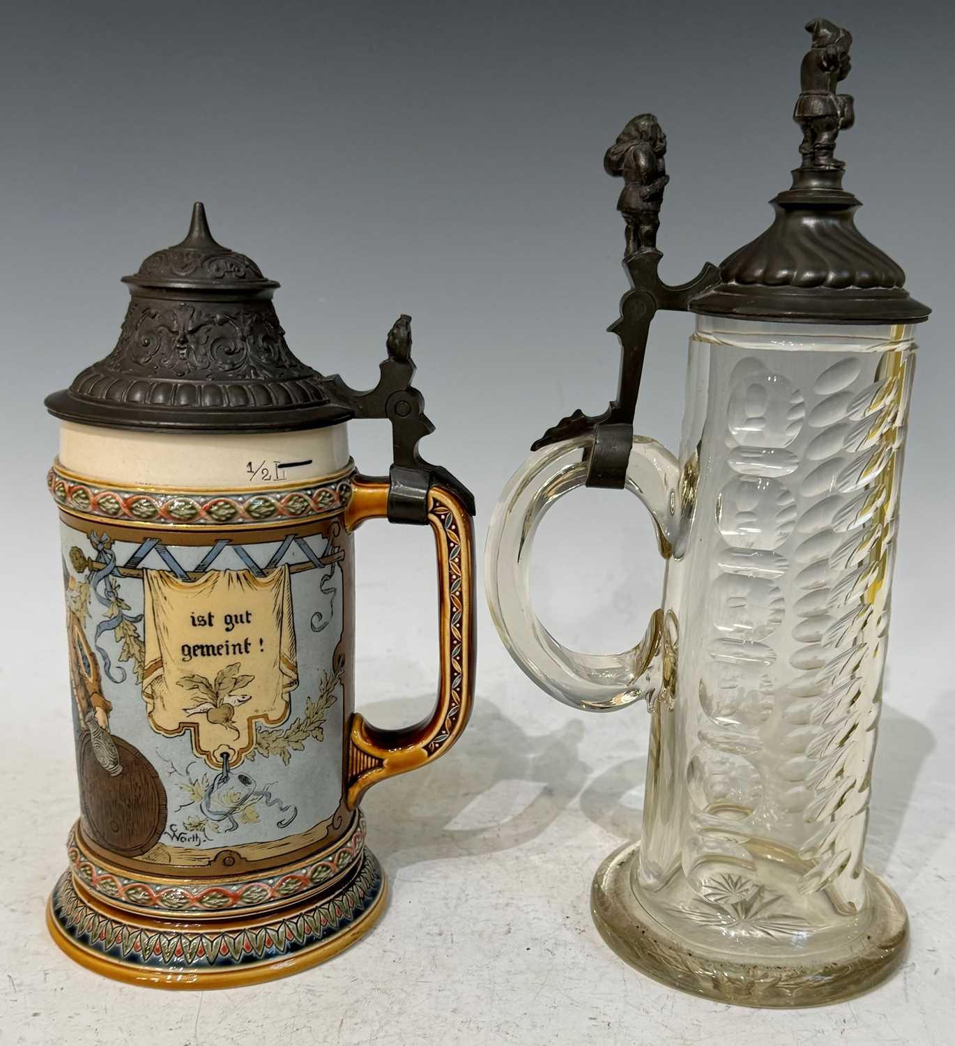 A Mettlach German pottery Beer Stein with pewter hinged cover, decorated with two medieval figures - Image 3 of 3