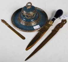 Bointaburet, Paris, a silvered metal and enamel circular inkwell, the hinged cover opening to reveal