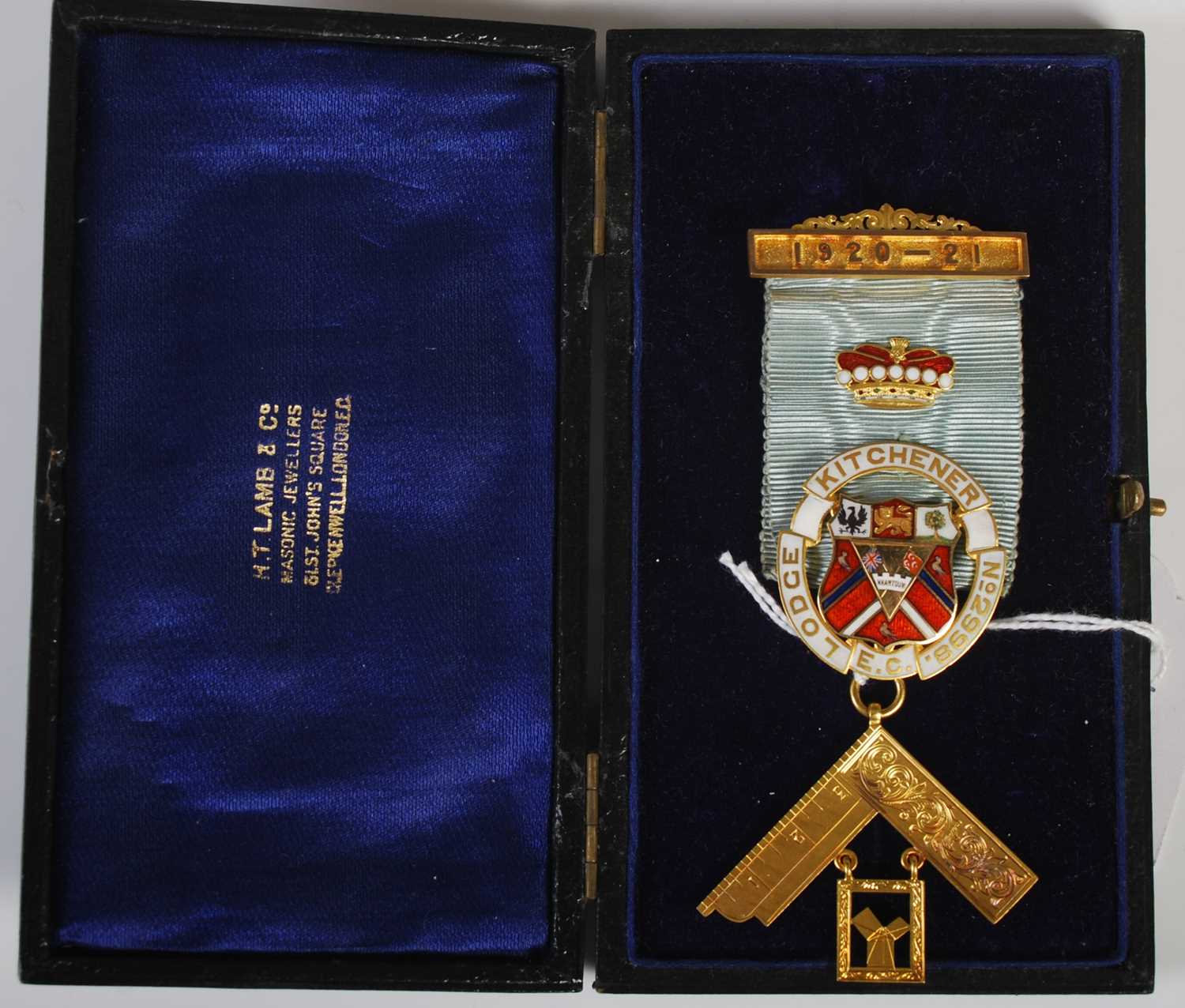 Masonic interest - a 15CT gold and enamel Masonic jewel for Kitchener Lodge No2998, 1920-21, the set