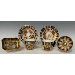 Three pieces of Royal Crown Derby comprising, a shaped rectangular trinket dish the underside with