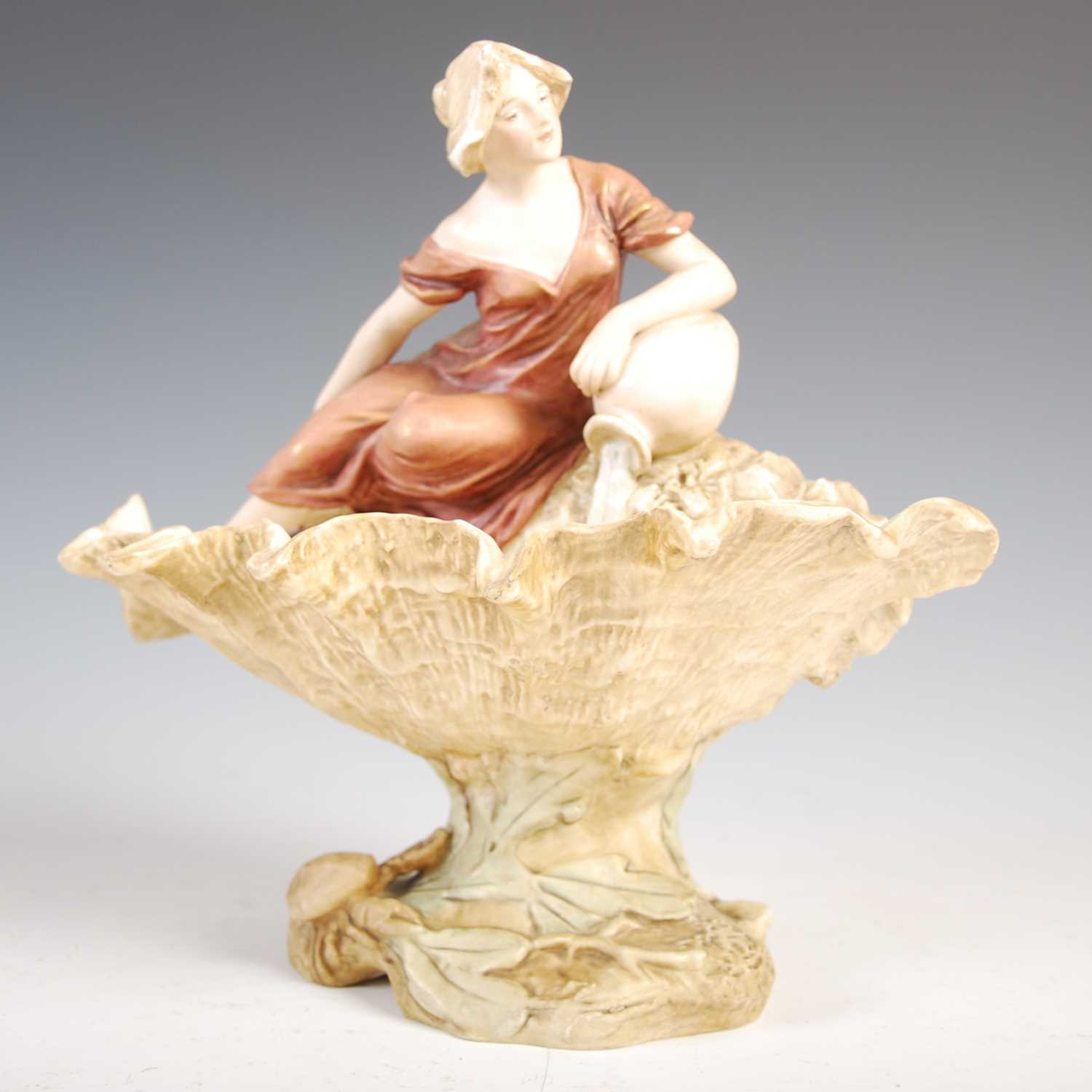 Two Art Nouveau Royal Dux porcelain figures, both modelled with a lady by a shell well, impressed - Image 7 of 13