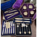 Five cased sets of EP wares comprising six coffee bean terminal teaspoons, a nut crack set, six