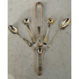 A collection of assorted silver flatware to include two pairs of sugar tongs, mustard salt and