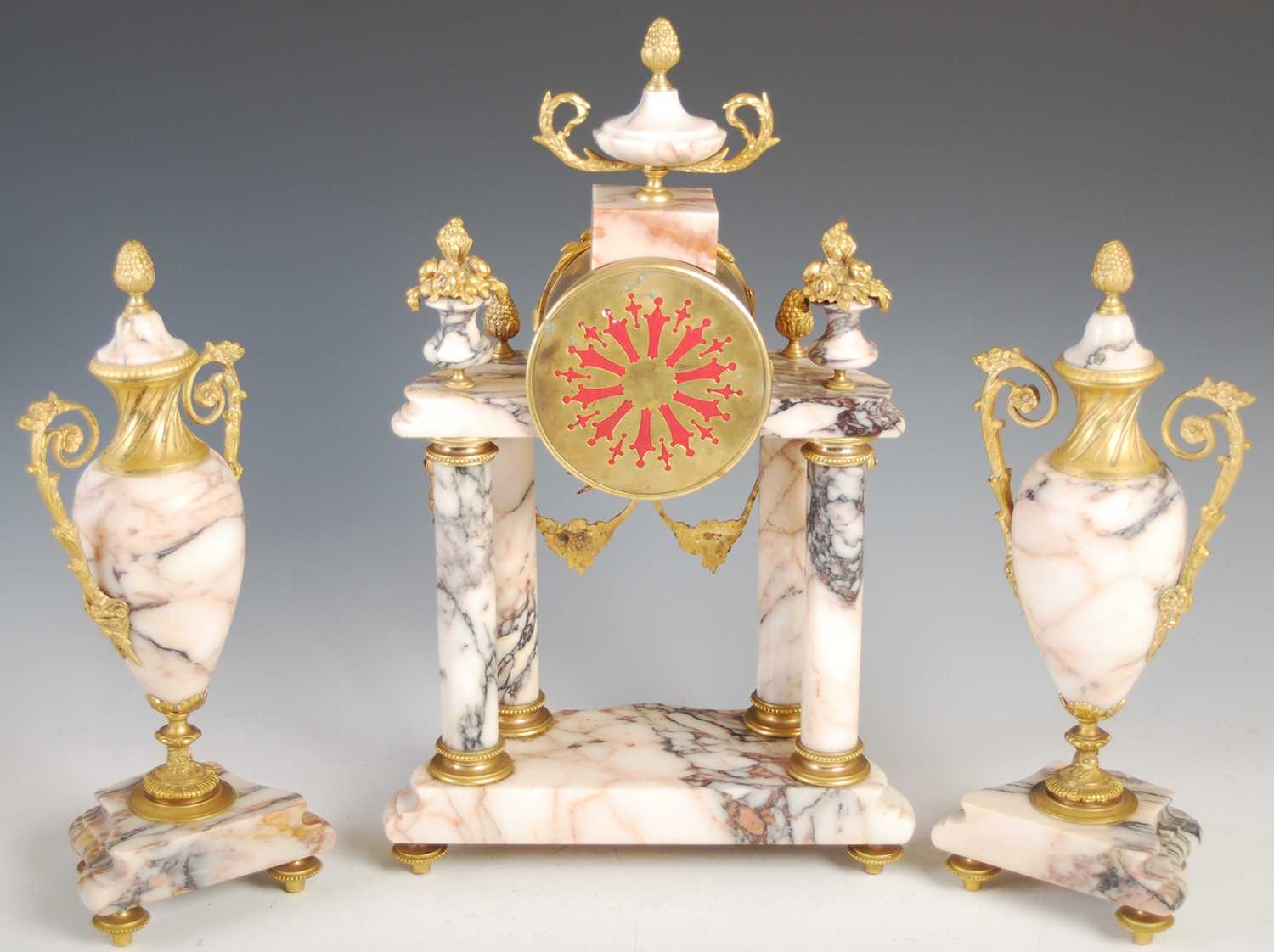 A late 19th century marble and gilt metal mounted clock garniture, the clock with circular enamel - Image 5 of 9