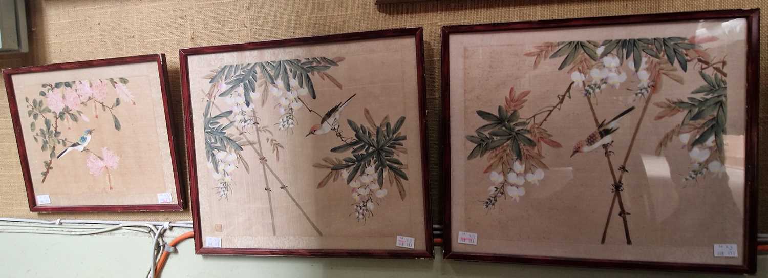 20th Century Chinese School Three painted silk pictures depicting birds, flowers and foliage all