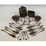 A small box of plated wares comprising two small bottle stands, Walker and Hall flatware with DM,