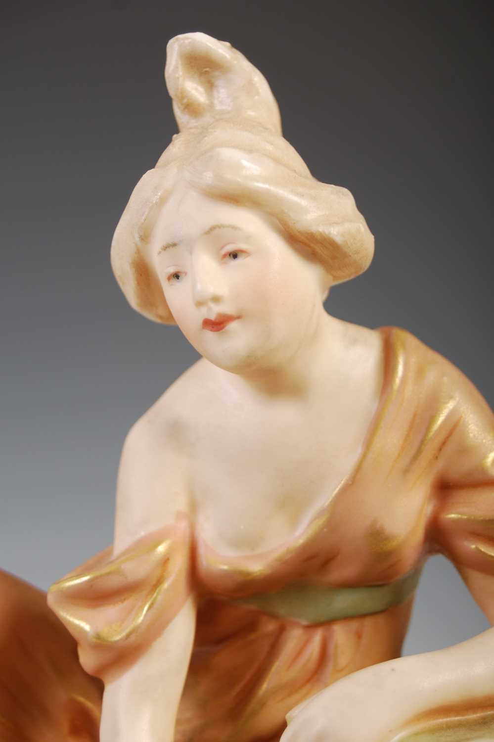 Two Art Nouveau Royal Dux porcelain figures, both modelled with a lady by a shell well, impressed - Image 3 of 13