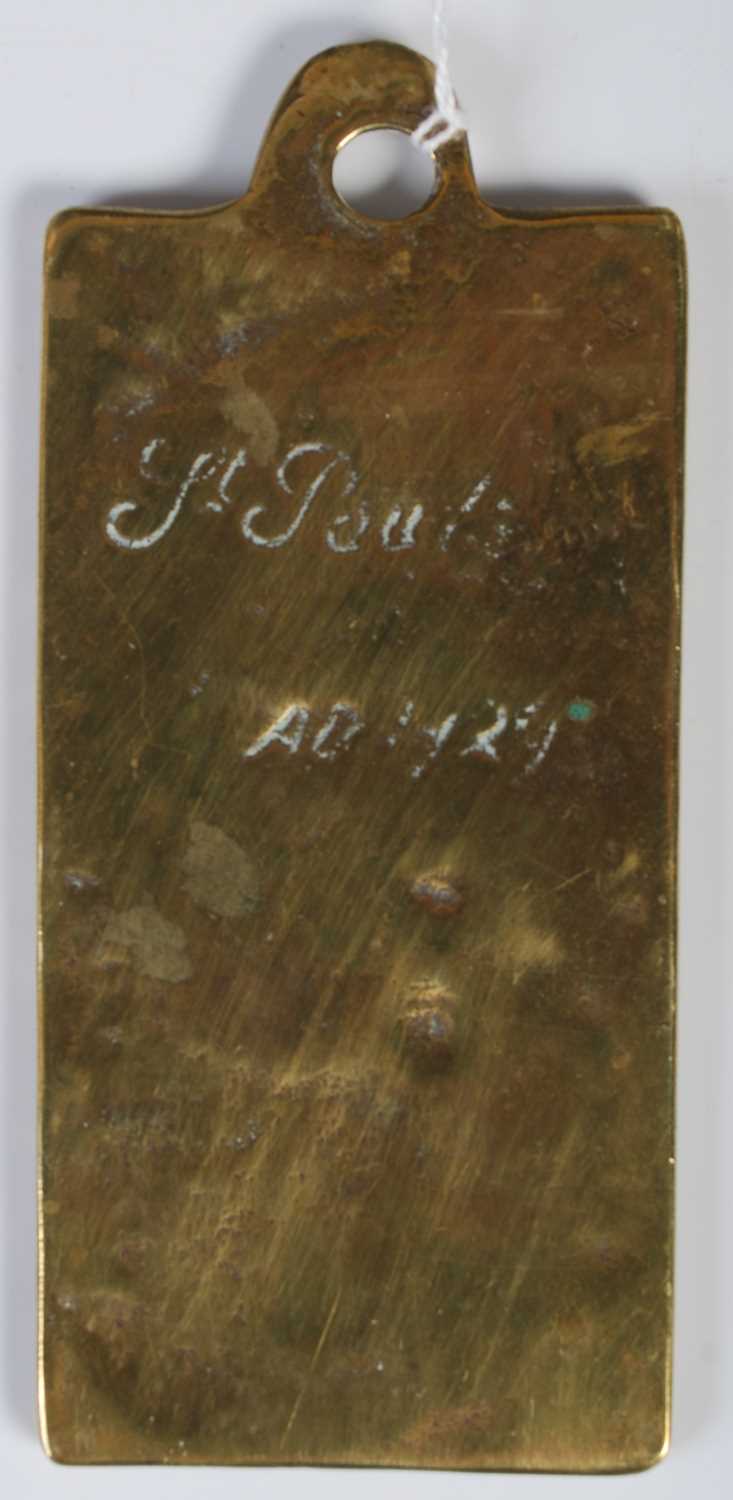 An antique brass alphabet plaque teaching aid, the reverse inscribed 'St. Pauls AD1729', cast in - Image 2 of 2