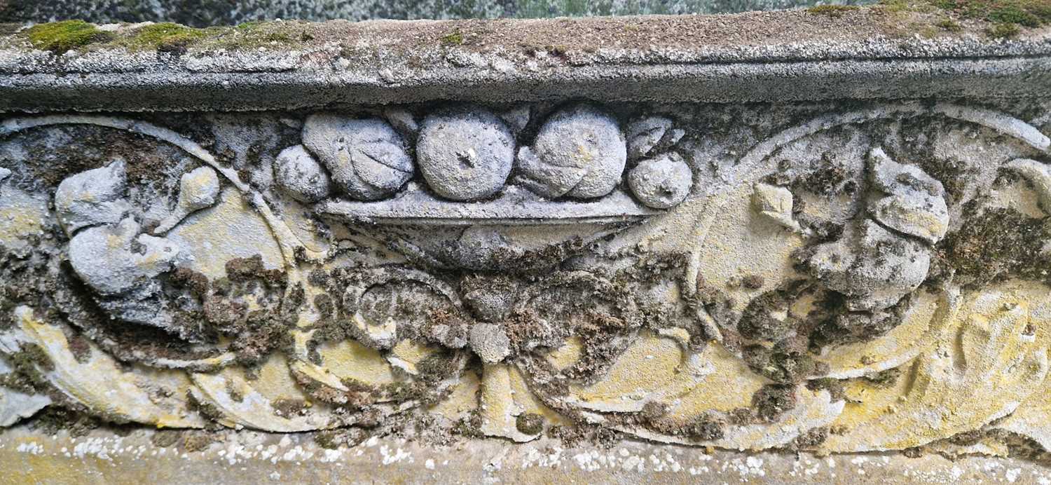 A composite stone garden planter, the rectangular planter moulded in relief with urn, fruit, flowers - Image 2 of 3