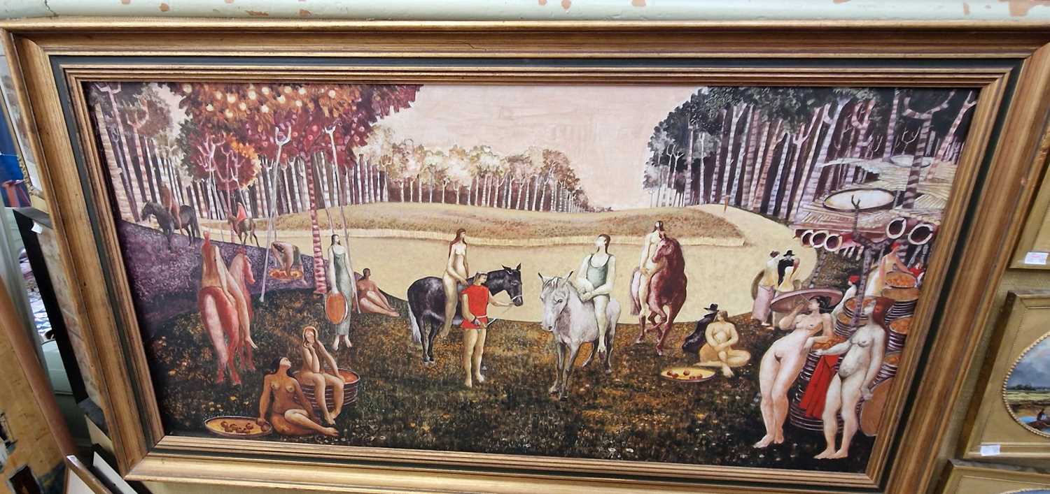 Mid-century British School Allegorical woodland landscape with nude and clothed figures acrylic on