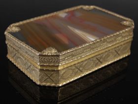 A white metal mounted agate topped octagonal shaped table snuff box, the interior stamped '