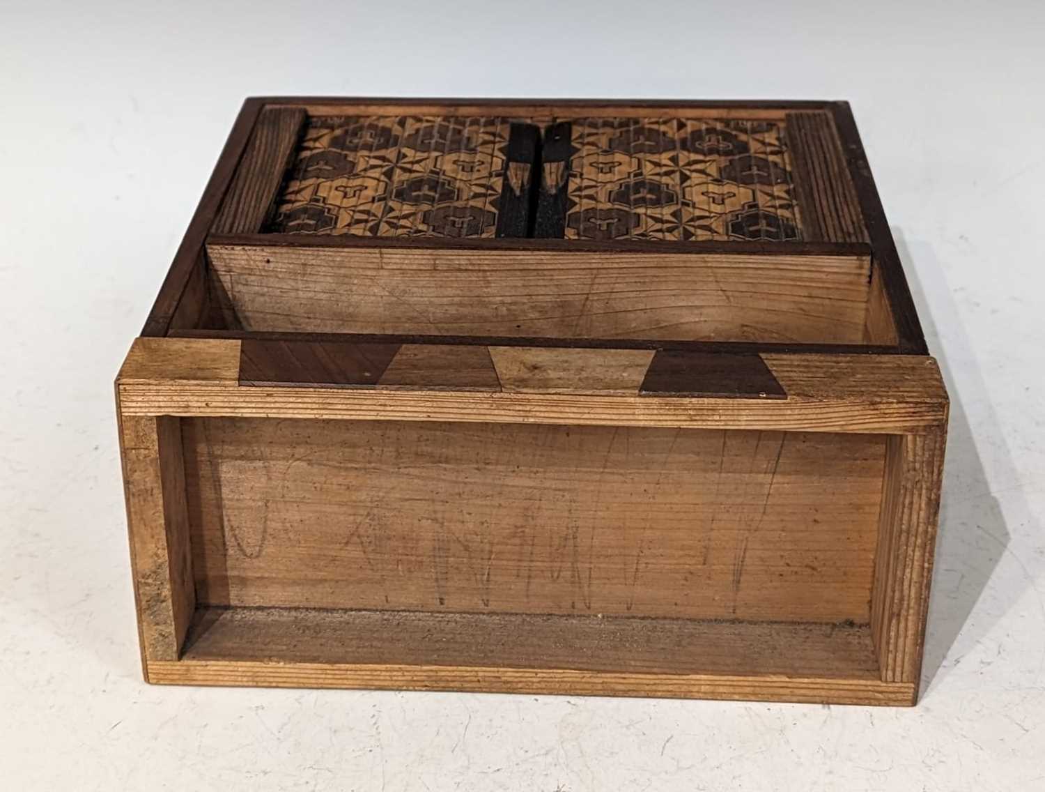 A Meiji period Japanese marquetry table cabinet, the upper section with tambor shutter opening to - Image 6 of 6