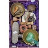 A small basket of assorted curios to include brass figure of a deitiy, lustre glass vase, Eastern