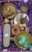 A small basket of assorted curios to include brass figure of a deitiy, lustre glass vase, Eastern