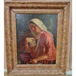 20th century British School Half-length portrait of a lady reading a note oil on board 36cm x 28.