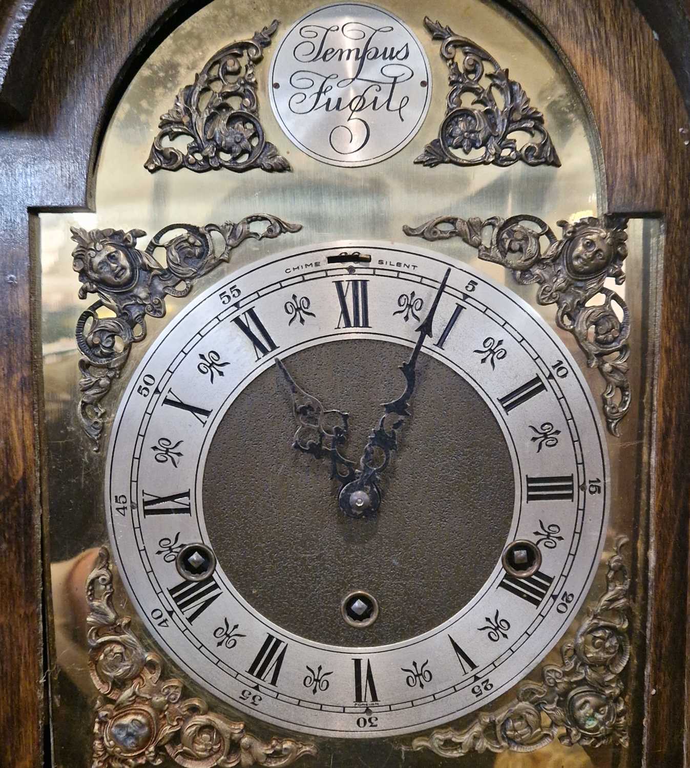 A vintage oak grandmother clock, brass dial and silvered chapter ring with chime silent feature, - Image 2 of 2