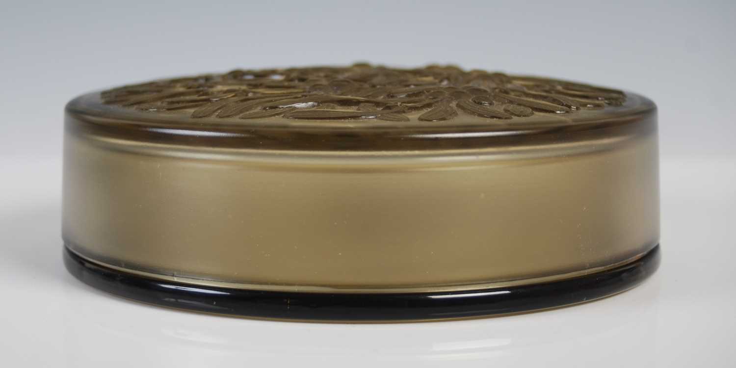 Verly, France, an Art Deco smoky quartz coloured glass circular shaped box and cover, the cover - Image 2 of 7