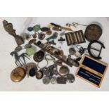 A small box of miscellaneous items to include costume jewellery brooches, trinket boxes, brass