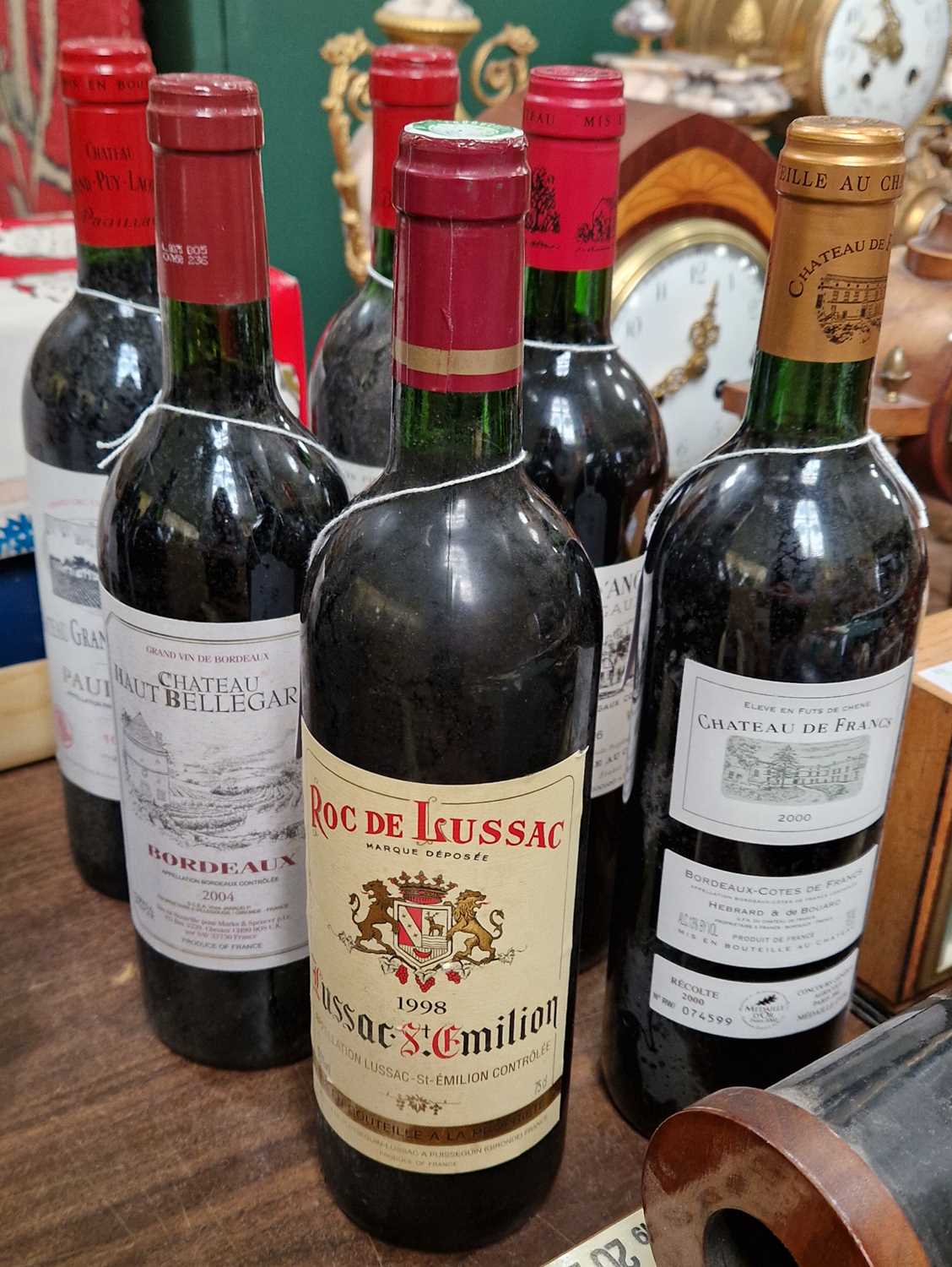 Six bottles, one Chateau Grand-Puy-Lacoste Pauillac 1996, 750 ml, one Mouton-Cadet Bordeaux, 1987,