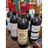 Six bottles, one Chateau Grand-Puy-Lacoste Pauillac 1996, 750 ml, one Mouton-Cadet Bordeaux, 1987,