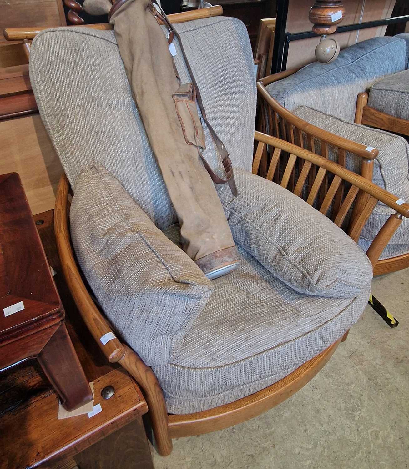 A modern wood framed sofa, arm chair and matching rectangular footstool. - Bild 2 aus 2