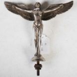 An early 20th century chrome plated car mascot in the form of an angel, 14cm high x 16.5cm wide.