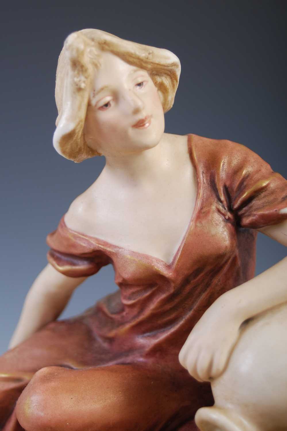 Two Art Nouveau Royal Dux porcelain figures, both modelled with a lady by a shell well, impressed - Image 9 of 13