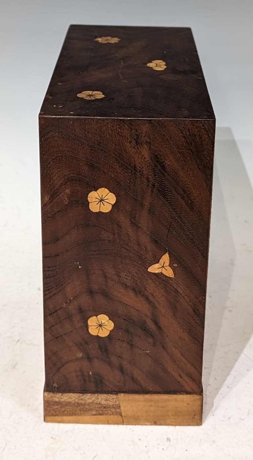 A Meiji period Japanese marquetry table cabinet, the upper section with tambor shutter opening to - Image 3 of 6