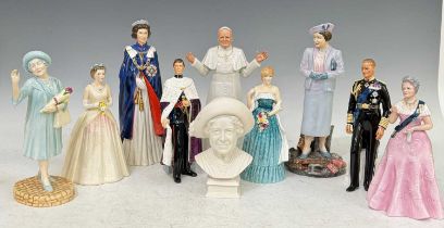 A group of nine Royal Doulton figures comprising, Her Majesty Queen Elizabeth II 2nd June 1983 to