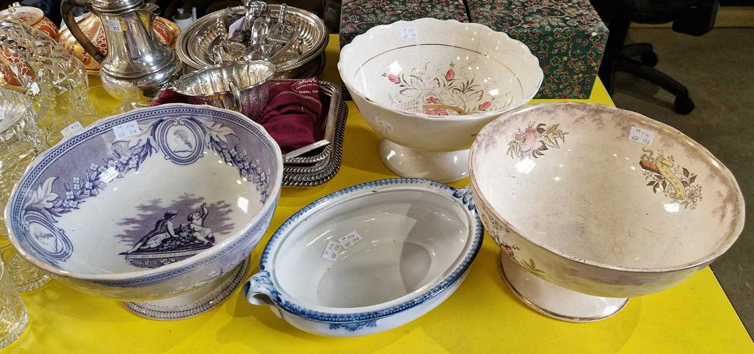 A Cochran of Glasgow rose and lily patterned transfer printed footed bowl together with two other