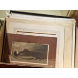 A box of assorted unframed pictures and prints and watercolours, together with a framed etching of