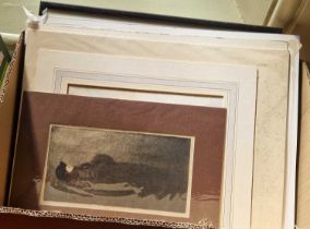 A box of assorted unframed pictures and prints and watercolours, together with a framed etching of