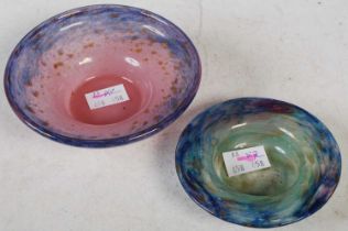 Two pieces of Monart glassware to include a mottled purple, blue and pink glass dish with gold