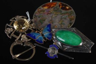 A collection of six assorted brooches to include Edinburgh silver and Cairngorm brooch, Birmingham